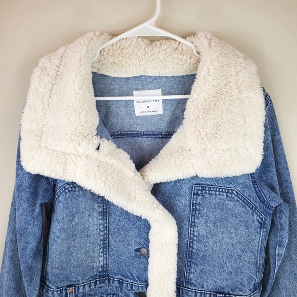 Celebrity Pink Size M Sherpa Button Up Denim Jean Jacket With Pockets - Picture 4 of 13